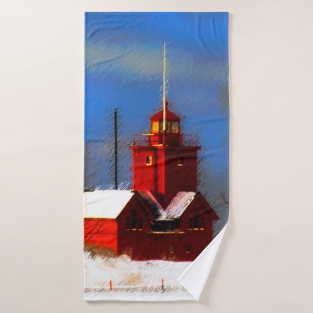 Big Red Lighthouse Painting - Original Art Bath Towel Set (Bath Towel)
