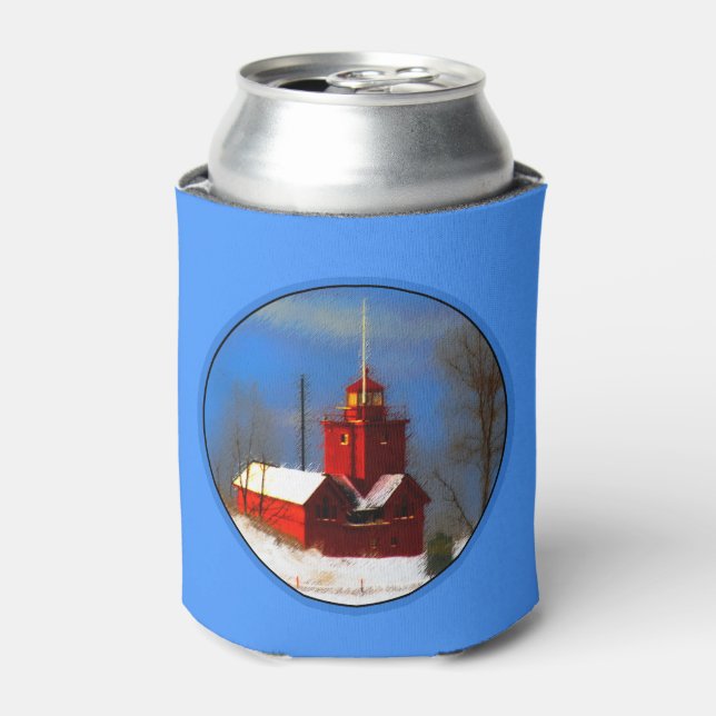 Big Red Lighthouse Painting - Original Art Can Cooler (Can Front)