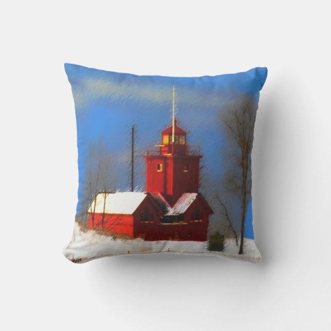 Big Red Lighthouse Painting - Original Art Cushion (Front)