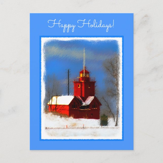 Big Red Lighthouse Painting - Original Art Holiday Postcard (Front)