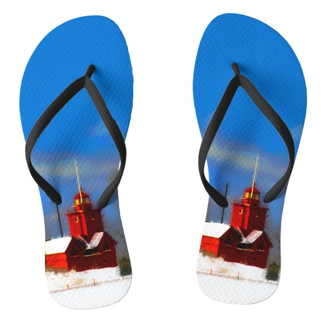 Big Red Lighthouse Painting - Original Art Jandals (Footbed)