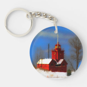 Big Red Lighthouse Painting - Original Art Key Ring