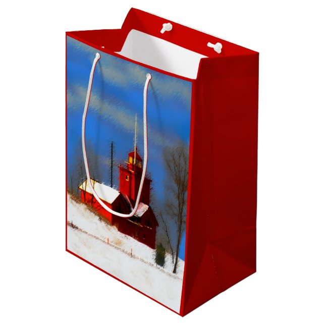 Big Red Lighthouse Painting - Original Art Medium Gift Bag (Front Angled)
