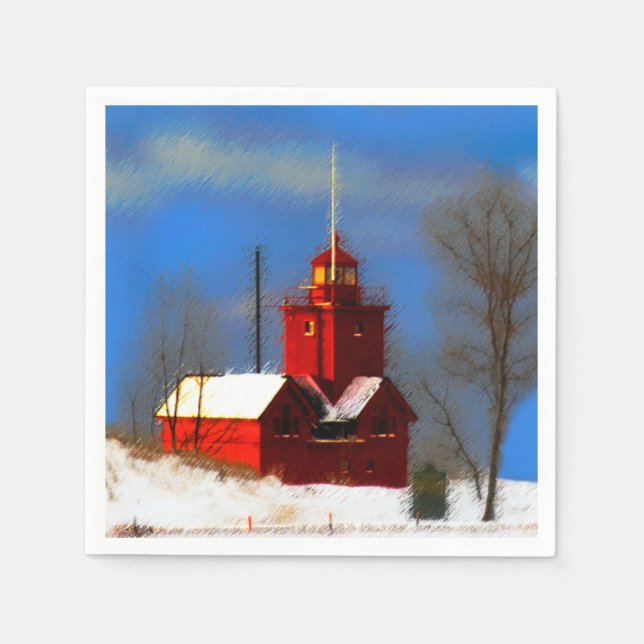 Big Red Lighthouse Painting - Original Art Napkin (Front)