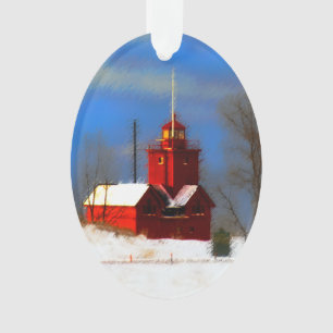 Big Red Lighthouse Painting - Original Art Ornament