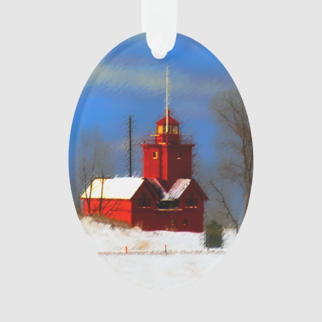 Big Red Lighthouse Painting - Original Art Ornament (Front)