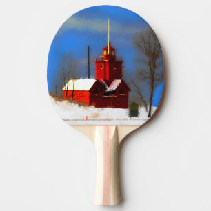 Big Red Lighthouse Painting - Original Art Ping Pong Paddle
