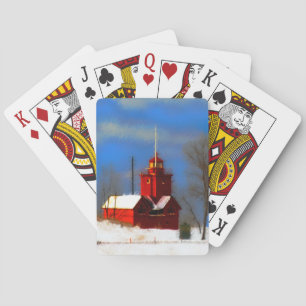 Big Red Lighthouse Painting - Original Art Playing Cards