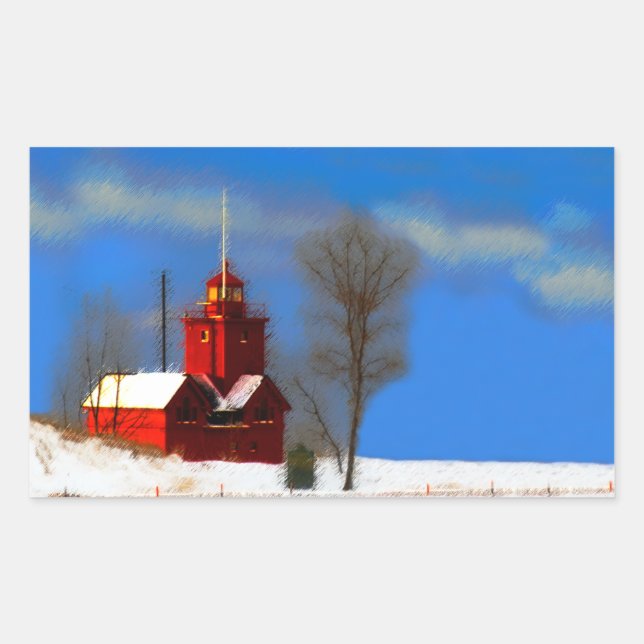 Big Red Lighthouse Painting - Original Art Rectangular Sticker (Front)