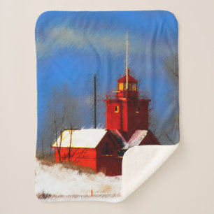 Big Red Lighthouse Painting - Original Art Sherpa Blanket