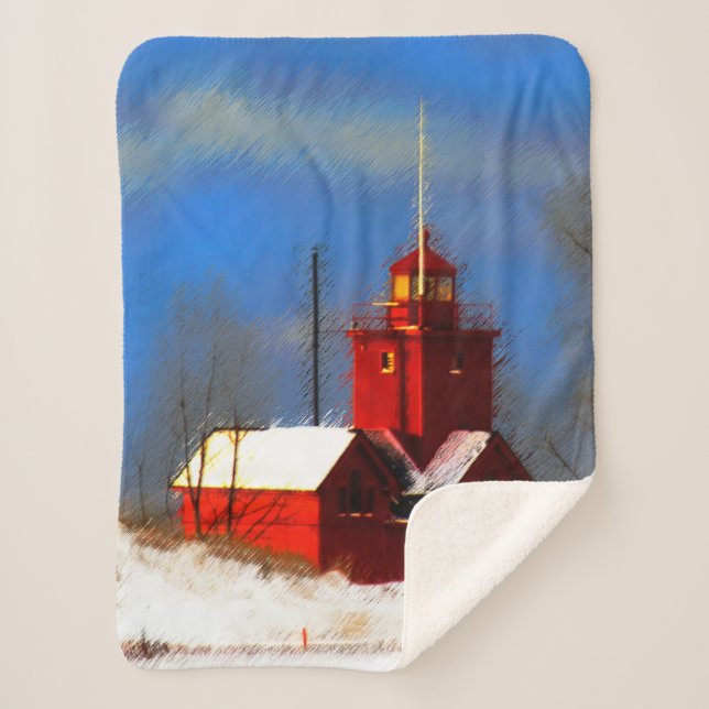 Big Red Lighthouse Painting - Original Art Sherpa Blanket (Front)