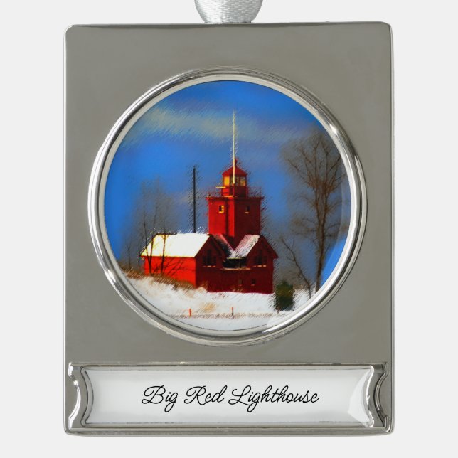 Big Red Lighthouse Painting - Original Art Silver Plated Banner Ornament (Front)