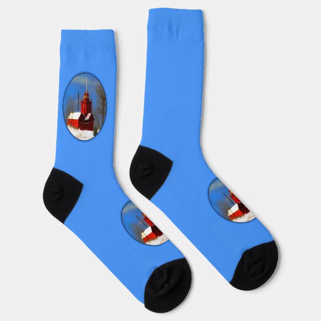 Big Red Lighthouse Painting - Original Art Socks (Right)