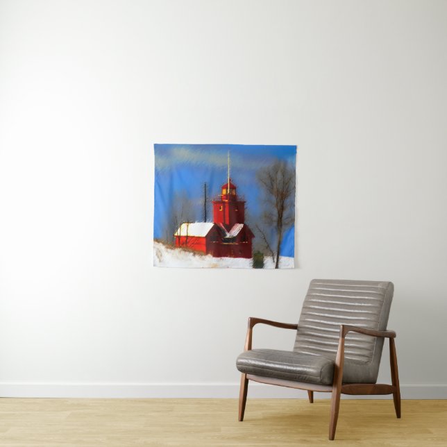 Big Red Lighthouse Painting - Original Art Tapestry (In Situ (Horizontal))