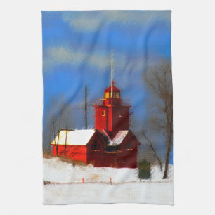 Big Red Lighthouse Painting - Original Art Tea Towel