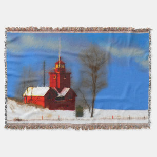 Big Red Lighthouse Painting - Original Art Throw Blanket