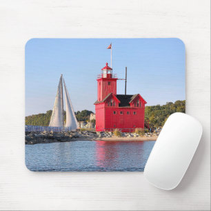 Big Red Lighthouse With Sailboat Mouse Pad