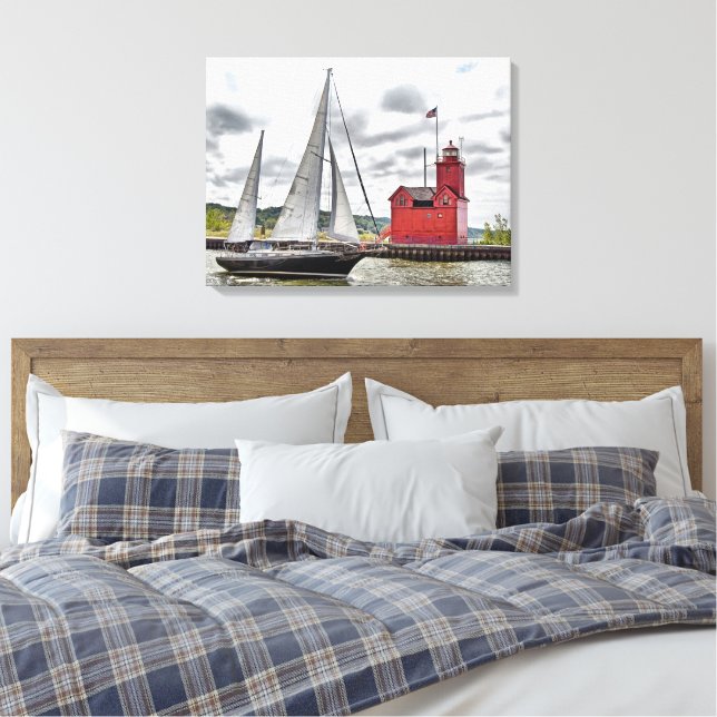 Big Red Michigan Lighthouse and Sailboat Canvas Print (Insitu(Bedroom))