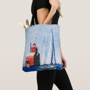 Big Red Michigan Lighthouse and Sailboat Painting Tote Bag