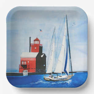 Big Red Michigan Lighthouse and Sailboat Paper Plate