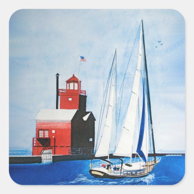 Big Red Michigan Lighthouse and Sailboat Square Sticker (Front)