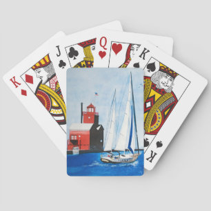Big Red Michigan Lighthouse watercolor painting Playing Cards