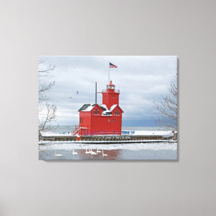 Big Red Michigan Lighthouse With Swans Canvas Print