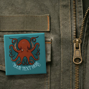 Big Red Octopus Artwork Custom Text Design 15 Cm Square Badge