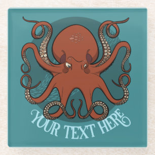 Big Red Octopus Artwork Personalised Text Design Glass Coaster