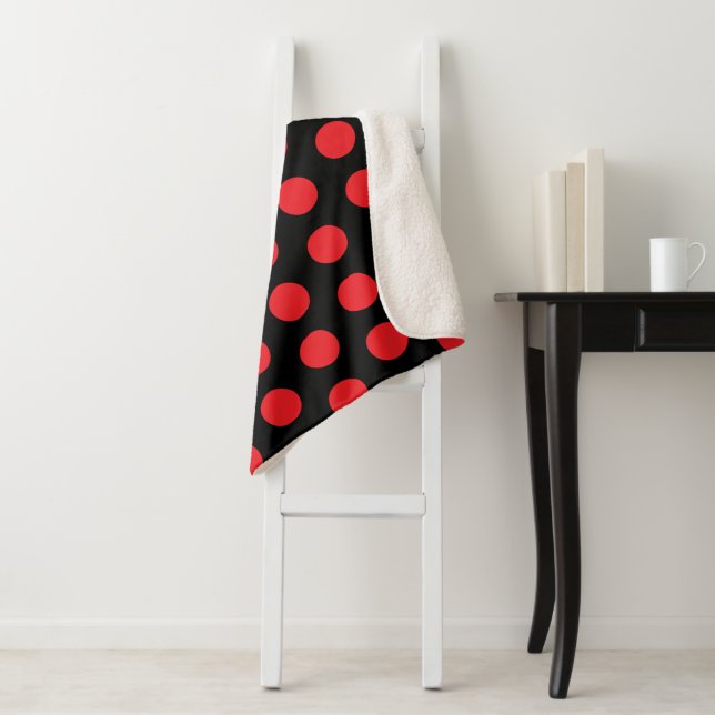 Big Red Polka Dots on Black  Sherpa Blanket (In Situ)