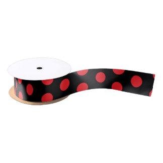 Big Red Polka Dots on Black Towel Satin Ribbon