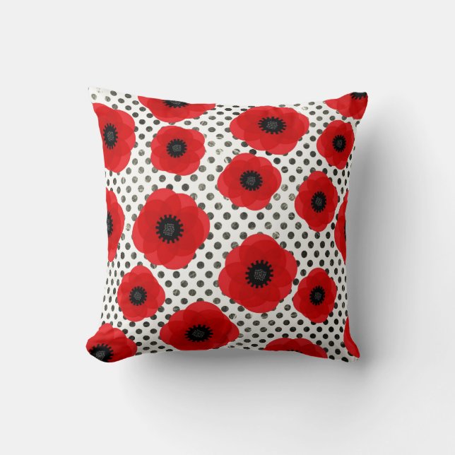 Big Red Poppy Flowers on Black and White Polka Dot Cushion (Front)