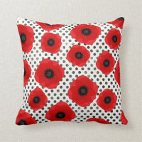 Big Red Poppy Flowers on Black and White Polka Dot
