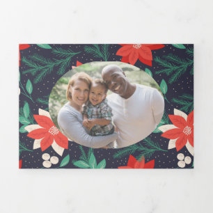 Big Red & White Christmas Poinsettias Photo Tri-Fold Holiday Card