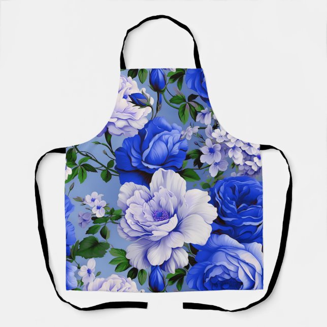 Big Retro Blue Rose Flower Apron (Front)