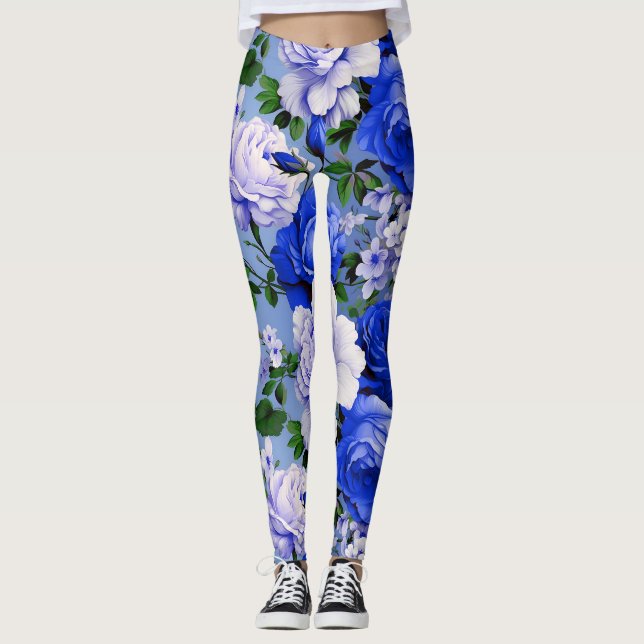 Big Retro Blue Rose Flower Leggings (Front)