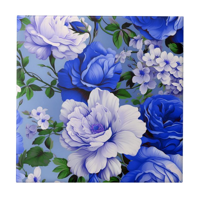 Big Retro Blue Rose Flower Tile (Front)