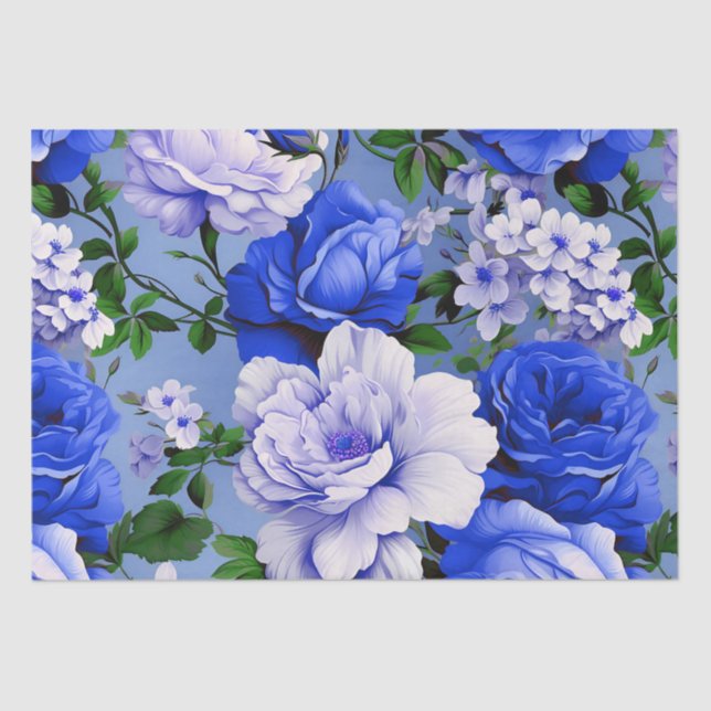 Big Retro Blue Rose Flower Tissue Paper (Front)
