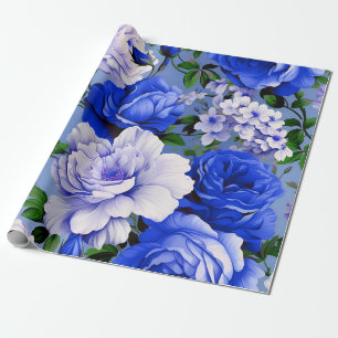 Big Retro Blue Rose Flower Wrapping Paper