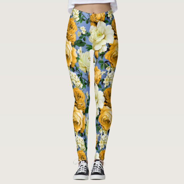 Big Retro Yellow Rose Flower Leggings (Front)