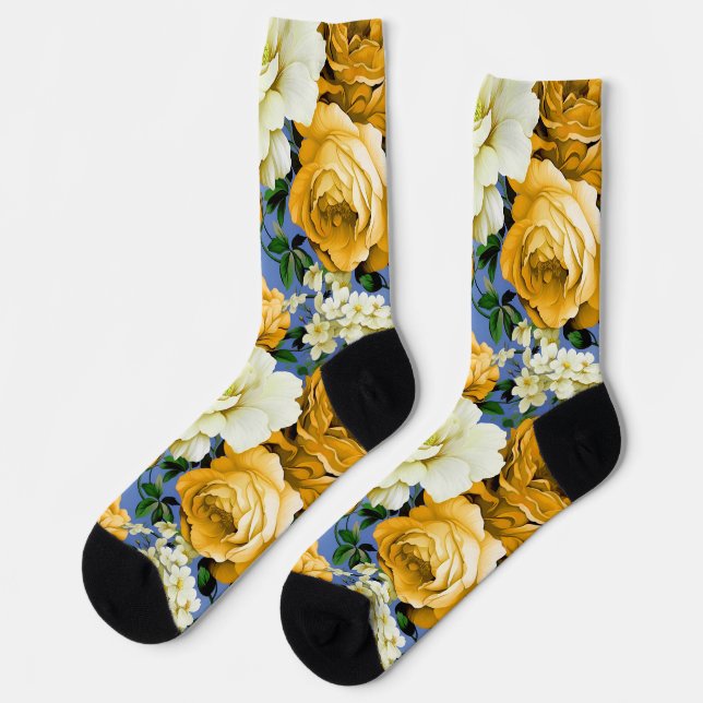 Big Retro Yellow Rose Flower Socks (Left)