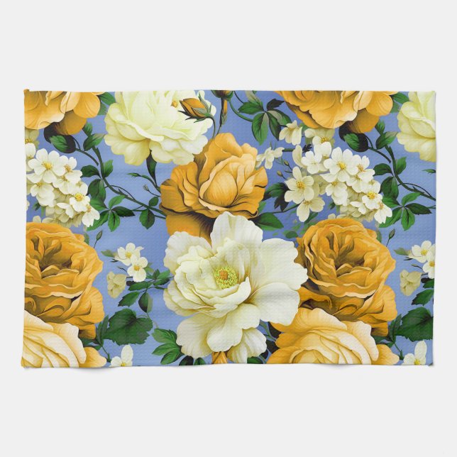 Big Retro Yellow Rose Flower Tea Towel (Horizontal)
