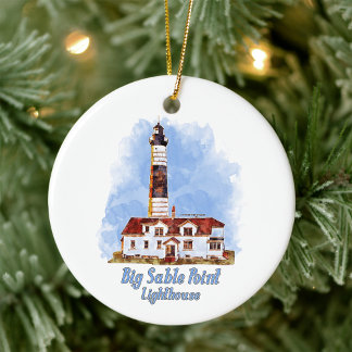 Big Sable Point Lighthouse Watercolor - Michigan Ceramic Tree Decoration