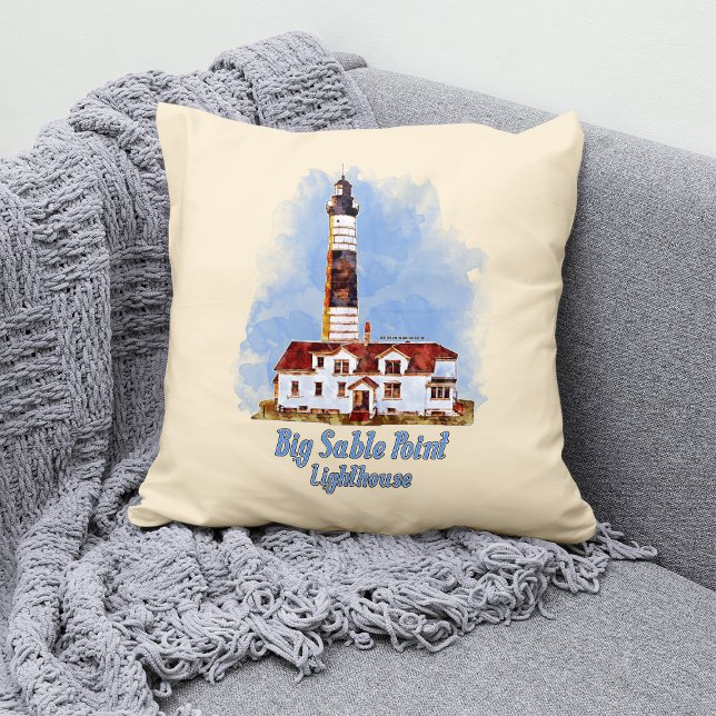 Big Sable Point Lighthouse Watercolor - Michigan Cushion (Creator Uploaded)