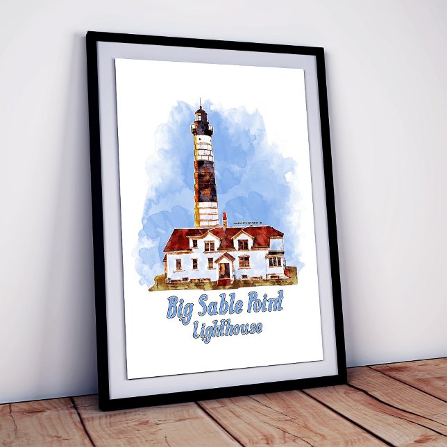 Big Sable Point Lighthouse Watercolor - Michigan Poster (Big Sable Point Lighthouse Watercolor - Michigan. Framed Art)