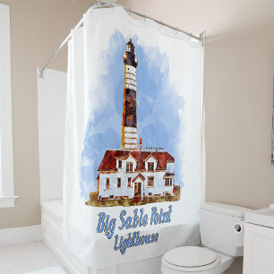 Big Sable Point Lighthouse Watercolor - Michigan Shower Curtain