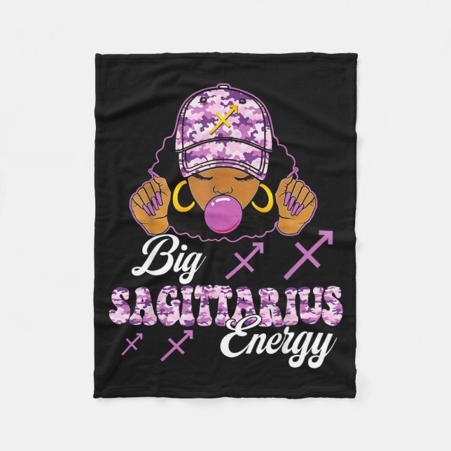 Big Sagittarius Energy Afro Girl With Purple Camou Fleece Blanket (Front)