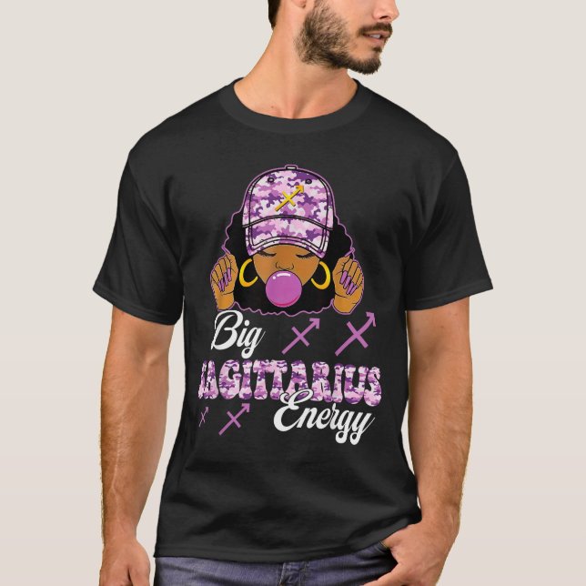 Big Sagittarius Energy Afro Girl With Purple Camou T-Shirt (Front)