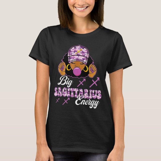 Big Sagittarius Energy Afro Girl With Purple Camou T-Shirt (Front)