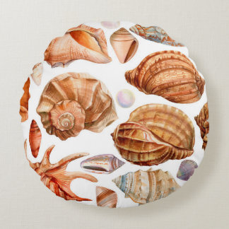 big set of seashells on an isolated white backgrou round cushion